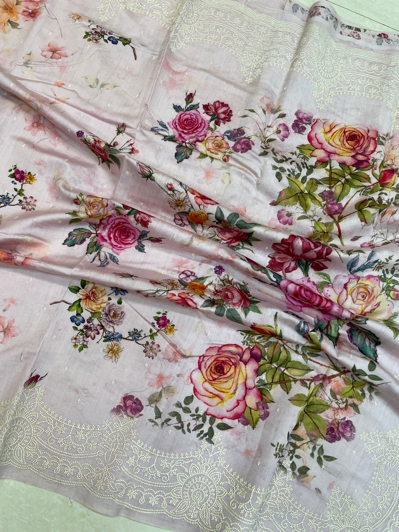 Pure Chiniya Silk Handloom Banarasi Saree Digital Print with Chikankari - The Handlooms