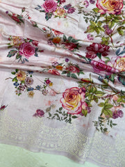 Pure Chiniya Silk Handloom Banarasi Saree Digital Print with Chikankari - The Handlooms