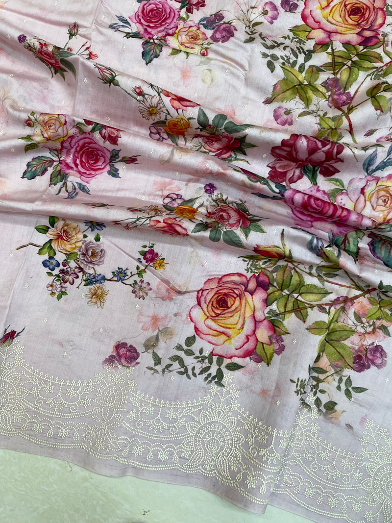 Pure Chiniya Silk Handloom Banarasi Saree Digital Print with Chikankari - The Handlooms