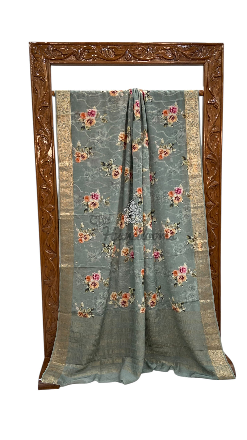 Pure Georgette Handloom Banarasi Saree - Chikankari With Digital Print - The Handlooms