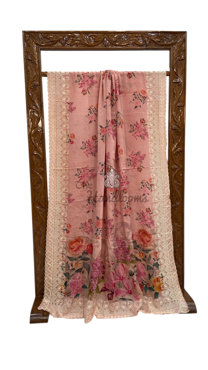 Pure Georgette Handloom Banarasi Saree - Chikankari With Digital Print - The Handlooms