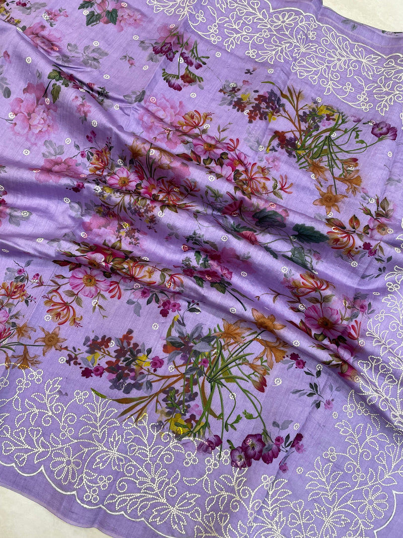 Pure Chiniya Silk Handloom Banarasi Saree Digital Print with Chikankari - The Handlooms