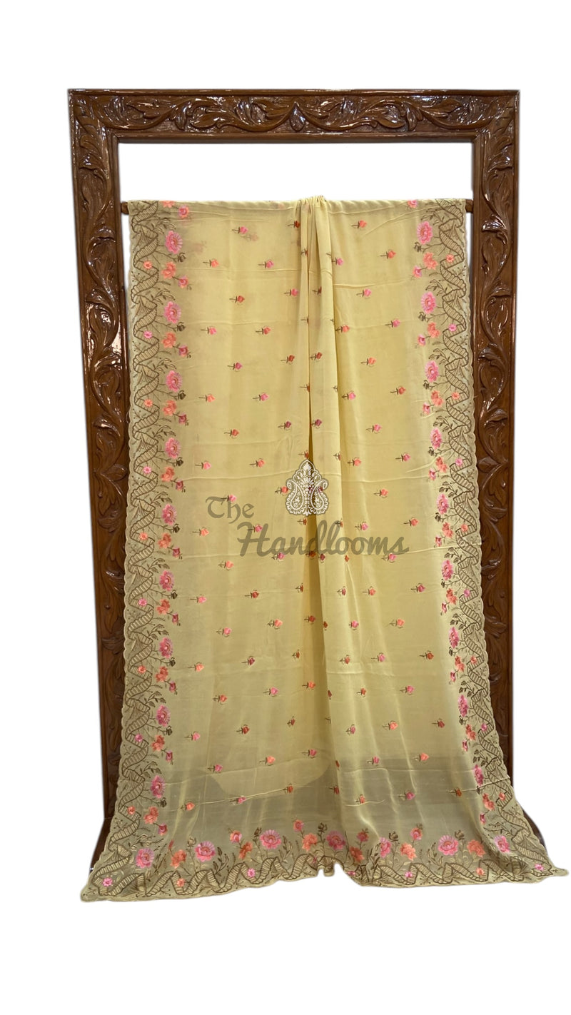 Pure Georgette Chikankari Handloom Banarasi Saree - The Handlooms
