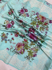 Pure Chiniya Silk Handloom Banarasi Saree Digital Print with Chikankari - The Handlooms