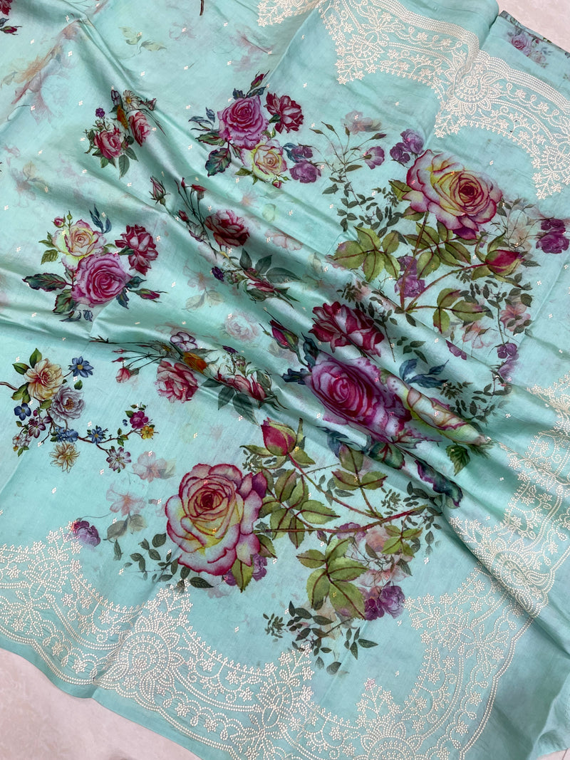 Pure Chiniya Silk Handloom Banarasi Saree Digital Print with Chikankari - The Handlooms