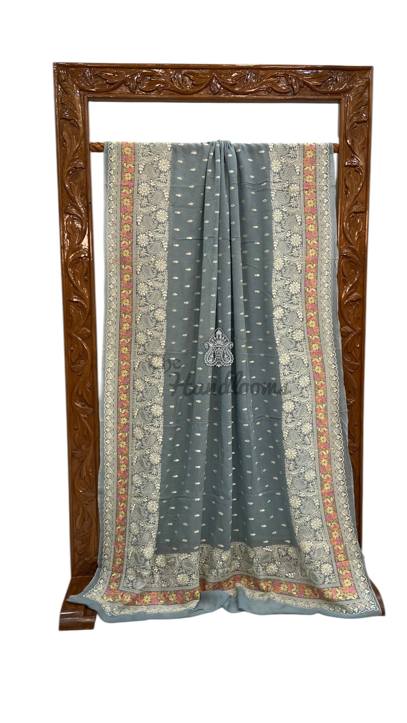 Pure Georgette Chikankari Handloom Banarasi Saree - The Handlooms