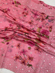 Pure Chiniya Silk Handloom Banarasi Saree Digital Print with Chikankari - The Handlooms