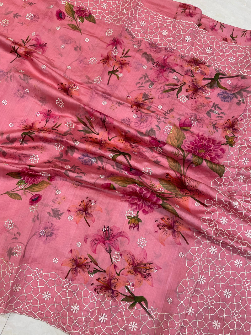 Pure Chiniya Silk Handloom Banarasi Saree Digital Print with Chikankari - The Handlooms