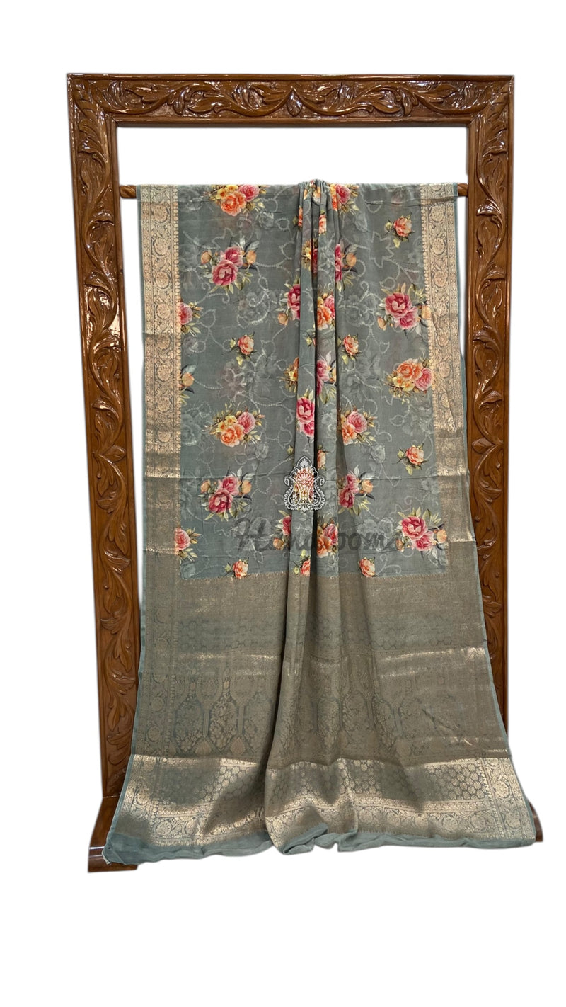 Pure Georgette Handloom Banarasi Saree - Chikankari With Digital Print - The Handlooms