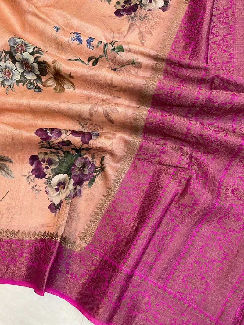 Pure Tussar Silk Handloom Banarasi Saree With Digital Print - The Handlooms