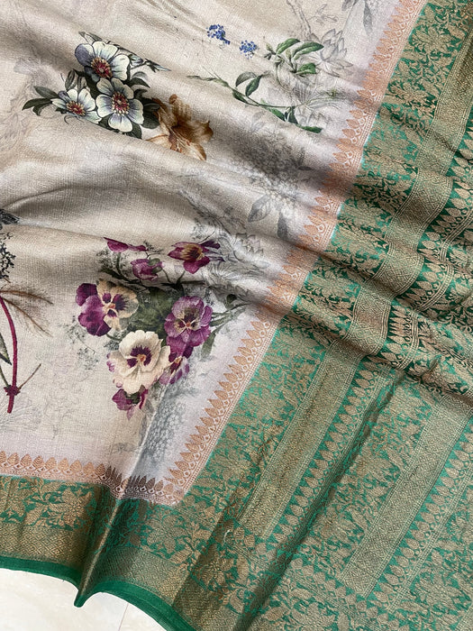 Pure Tussar Silk Handloom Banarasi Saree With Digital Print