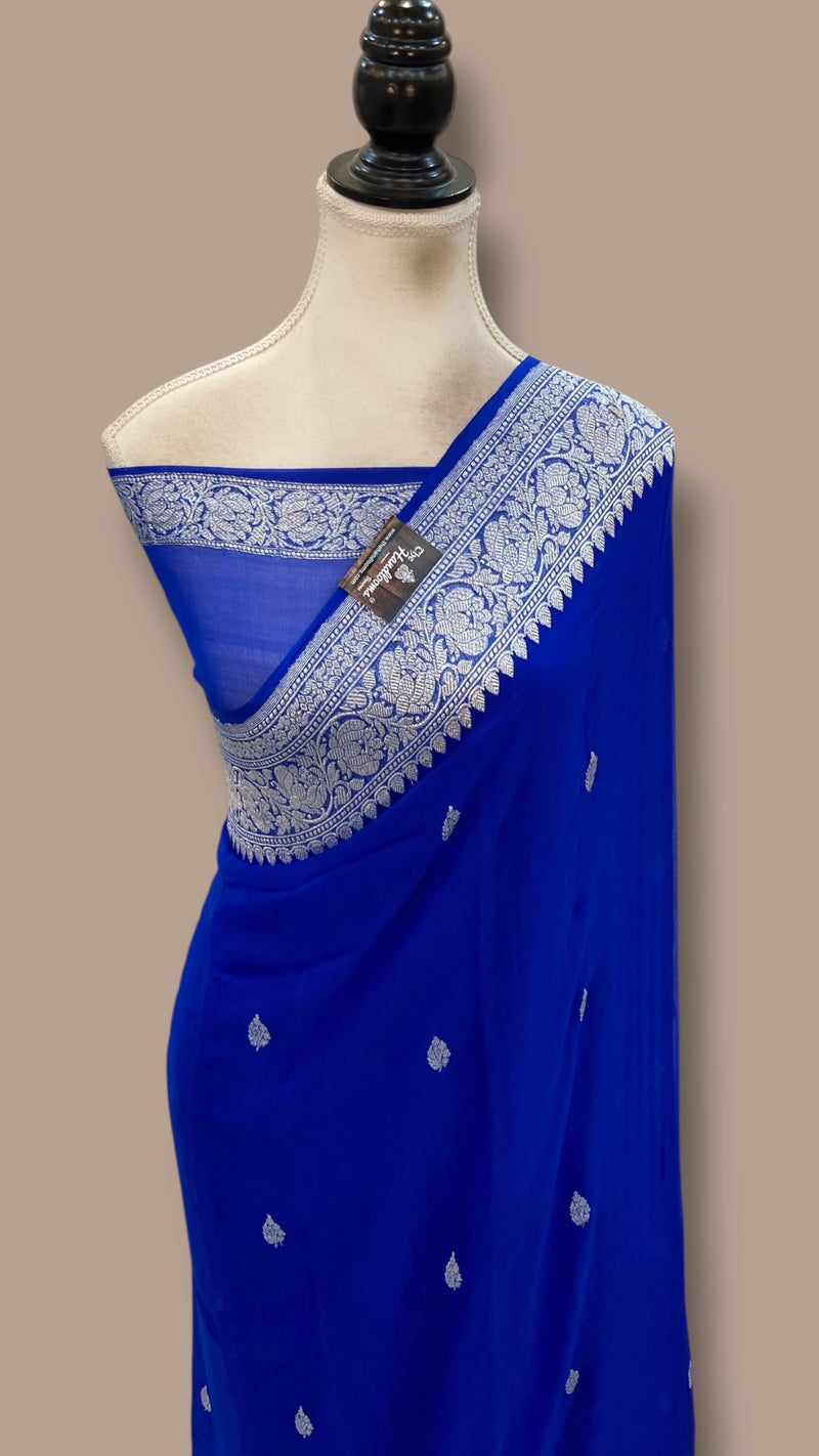 Royal Blue Pure Georgette Handloom Banarasi Saree - Silver Zari