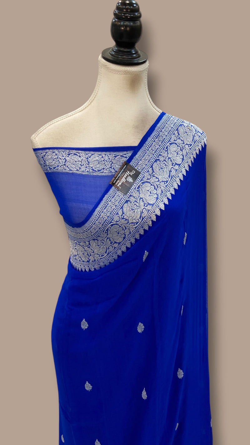 Royal Blue Pure Georgette Handloom Banarasi Saree - Silver Zari