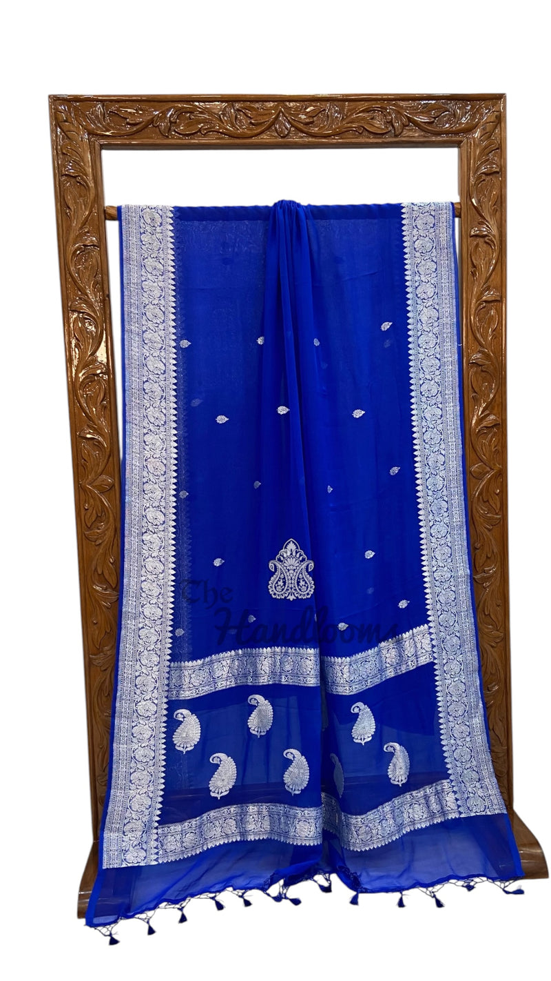 Royal Blue Pure Georgette Handloom Banarasi Saree - Silver Zari
