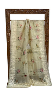 Pure Organza Handloom Banarasi Saree With Digital Print And Chikankari - The Handlooms