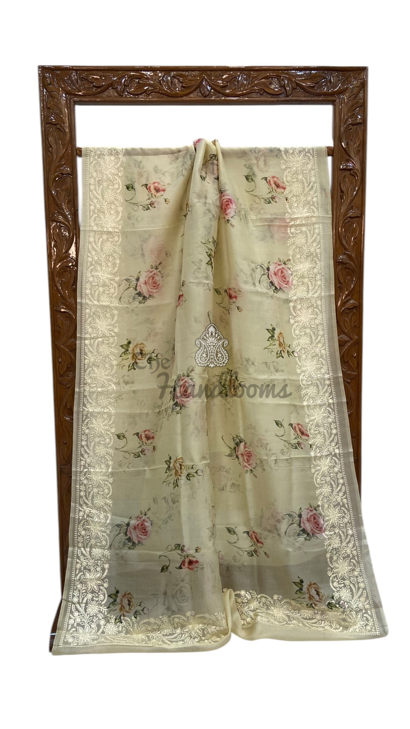 Pure Organza Handloom Banarasi Saree With Digital Print And Chikankari - The Handlooms