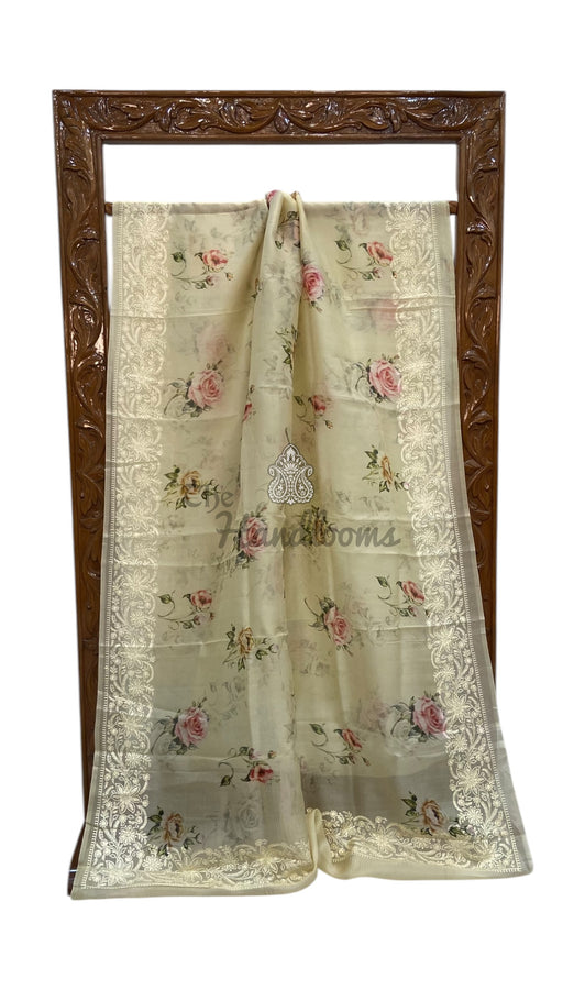 Pure Organza Handloom Banarasi Saree With Digital Print And Chikankari - The Handlooms
