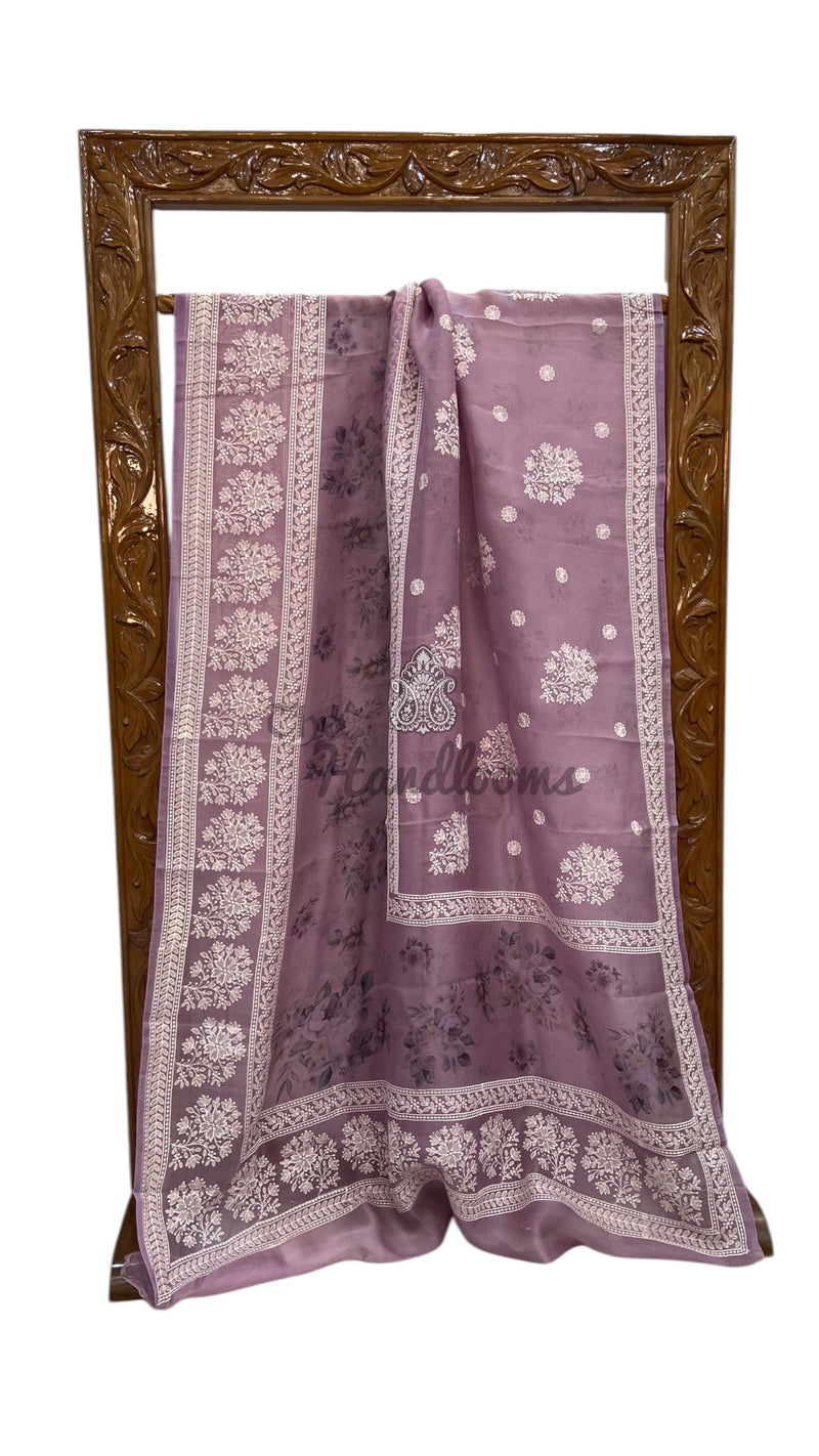 Pure Organza Handloom Banarasi Saree With Digital Print And Chikankari - The Handlooms