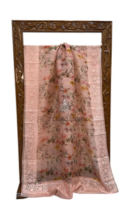 Pure Organza Handloom Banarasi Saree With Digital Print And Chikankari - The Handlooms