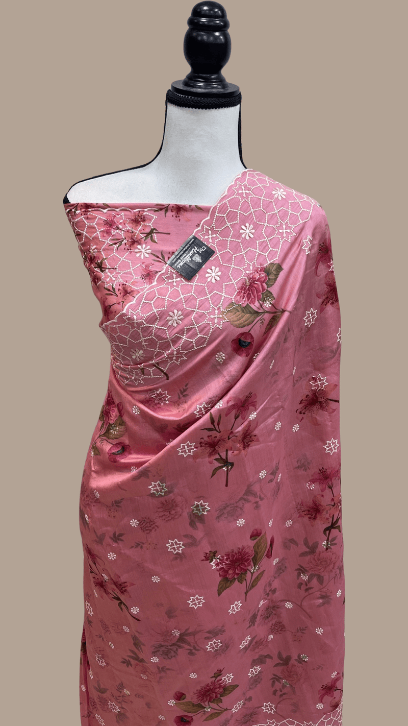 Pure Chiniya Silk Handloom Banarasi Saree Digital Print with Chikankari - The Handlooms
