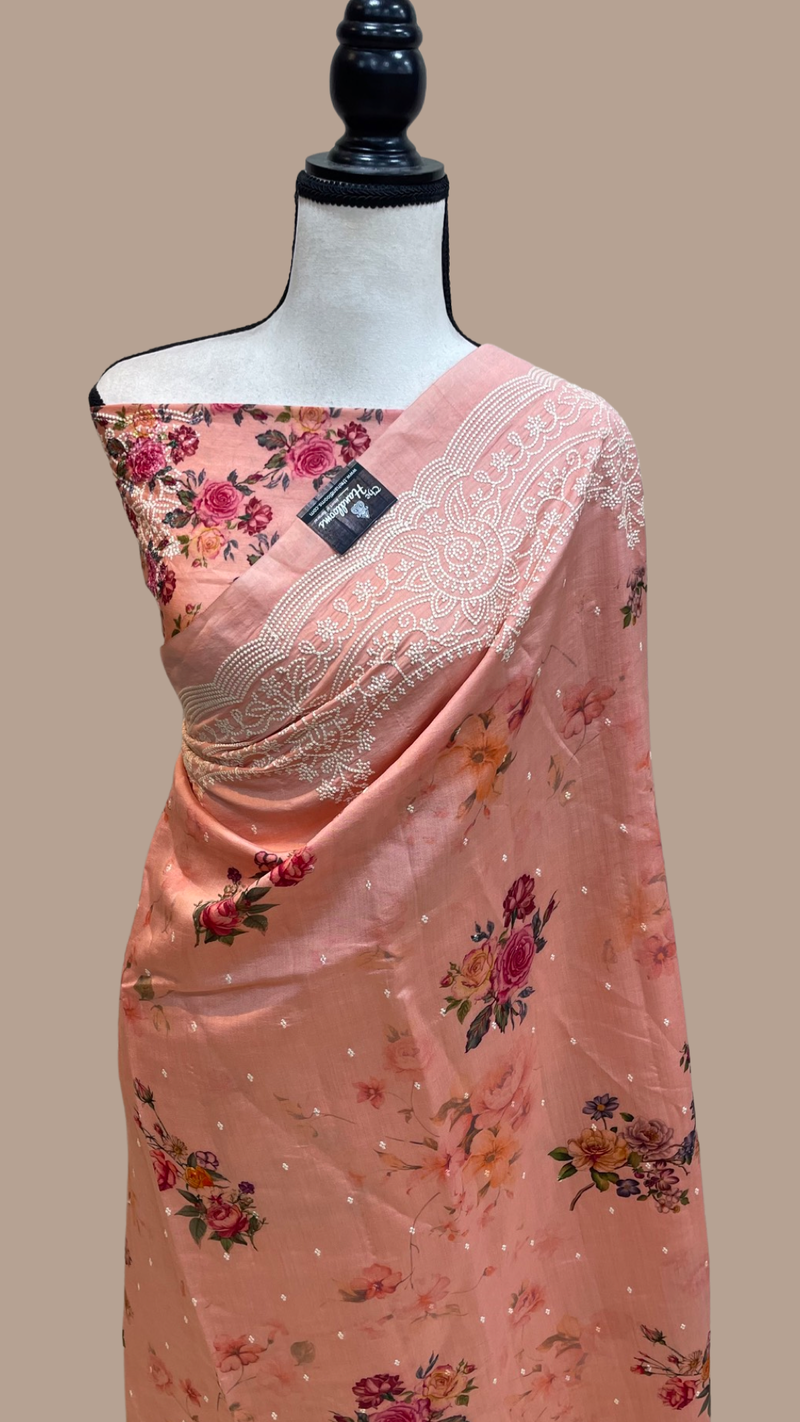 Pure Chiniya Silk Handloom Banarasi Saree Digital Print with Chikankari - The Handlooms