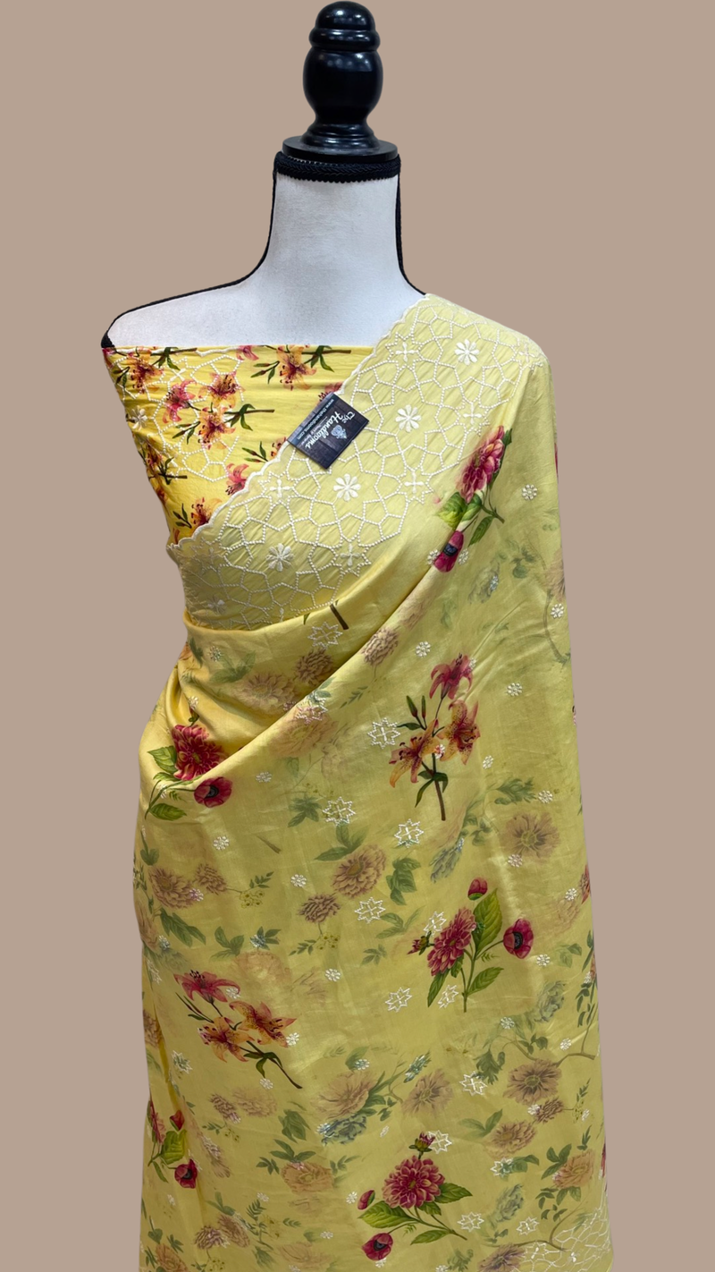 Pure Chiniya Silk Handloom Banarasi Saree Digital Print with Chikankari - The Handlooms