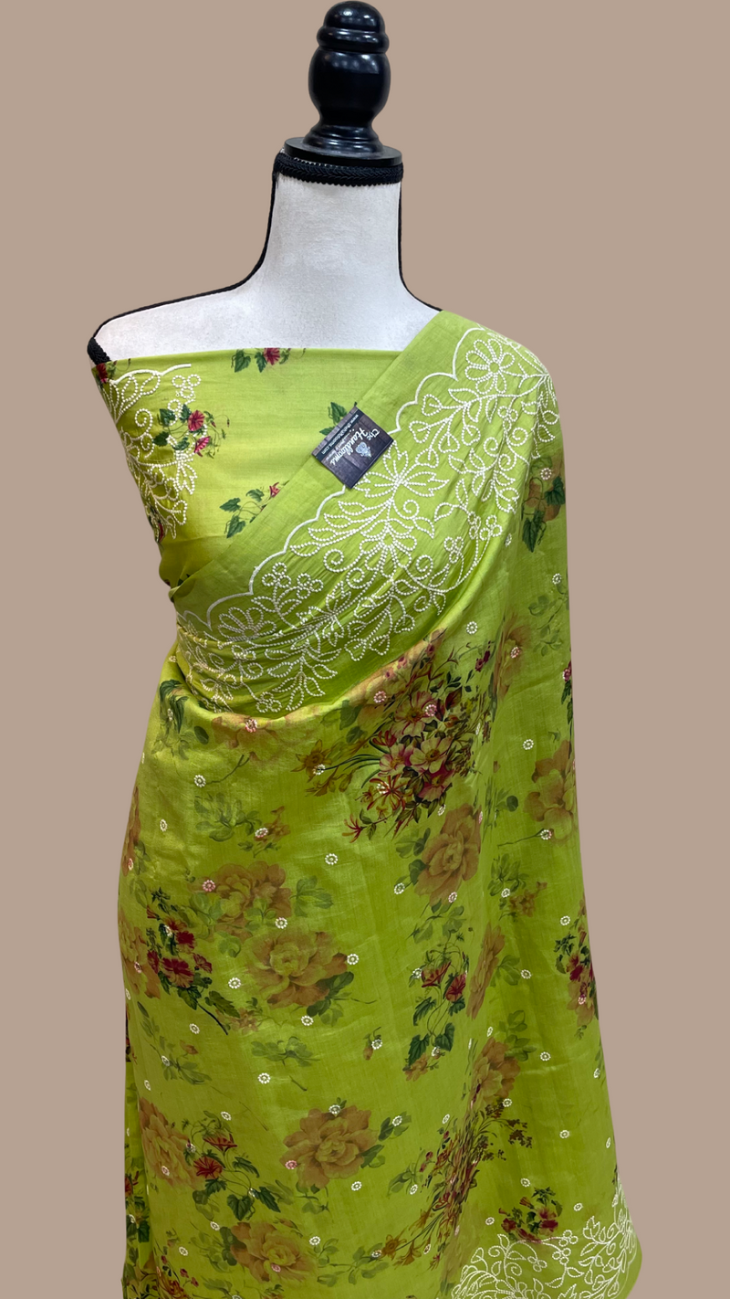 Pure Chiniya Silk Handloom Banarasi Saree Digital Print with Chikankari - The Handlooms