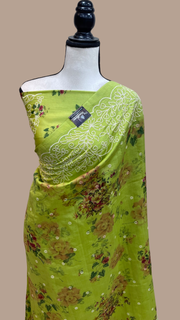 Pure Chiniya Silk Handloom Banarasi Saree Digital Print with Chikankari - The Handlooms