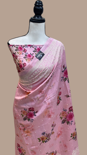 Pure Chiniya Silk Handloom Banarasi Saree Digital Print with Chikankari - The Handlooms