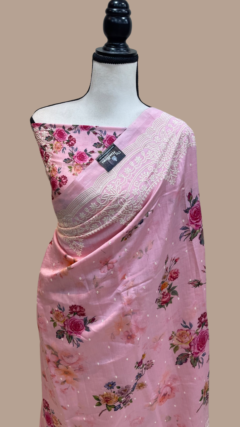 Pure Chiniya Silk Handloom Banarasi Saree Digital Print with Chikankari - The Handlooms