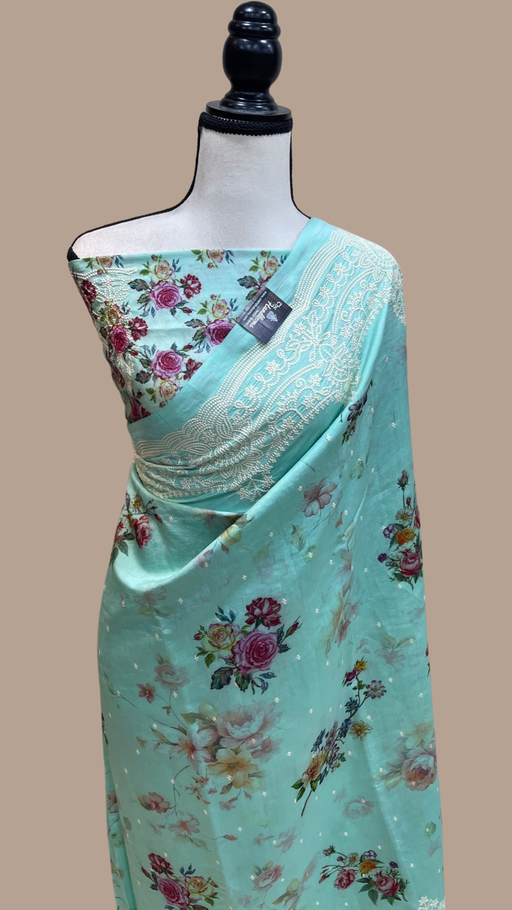 Pure Chiniya Silk Handloom Banarasi Saree Digital Print with Chikankari - The Handlooms