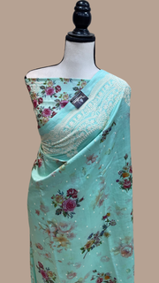Pure Chiniya Silk Handloom Banarasi Saree Digital Print with Chikankari - The Handlooms