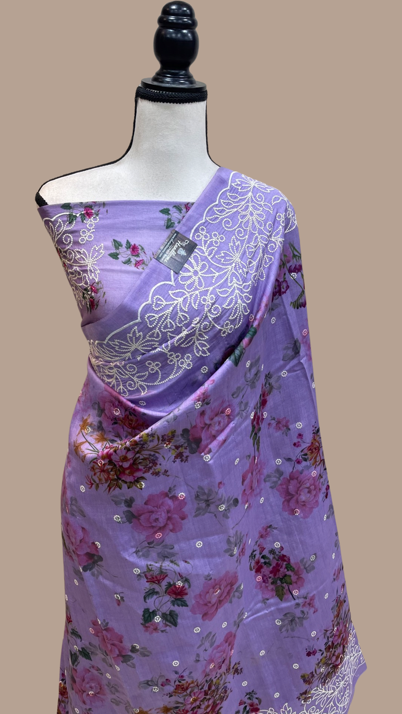 Pure Chiniya Silk Handloom Banarasi Saree Digital Print with Chikankari - The Handlooms