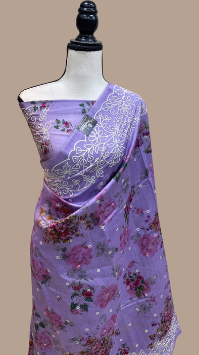 Pure Chiniya Silk Handloom Banarasi Saree Digital Print with Chikankari