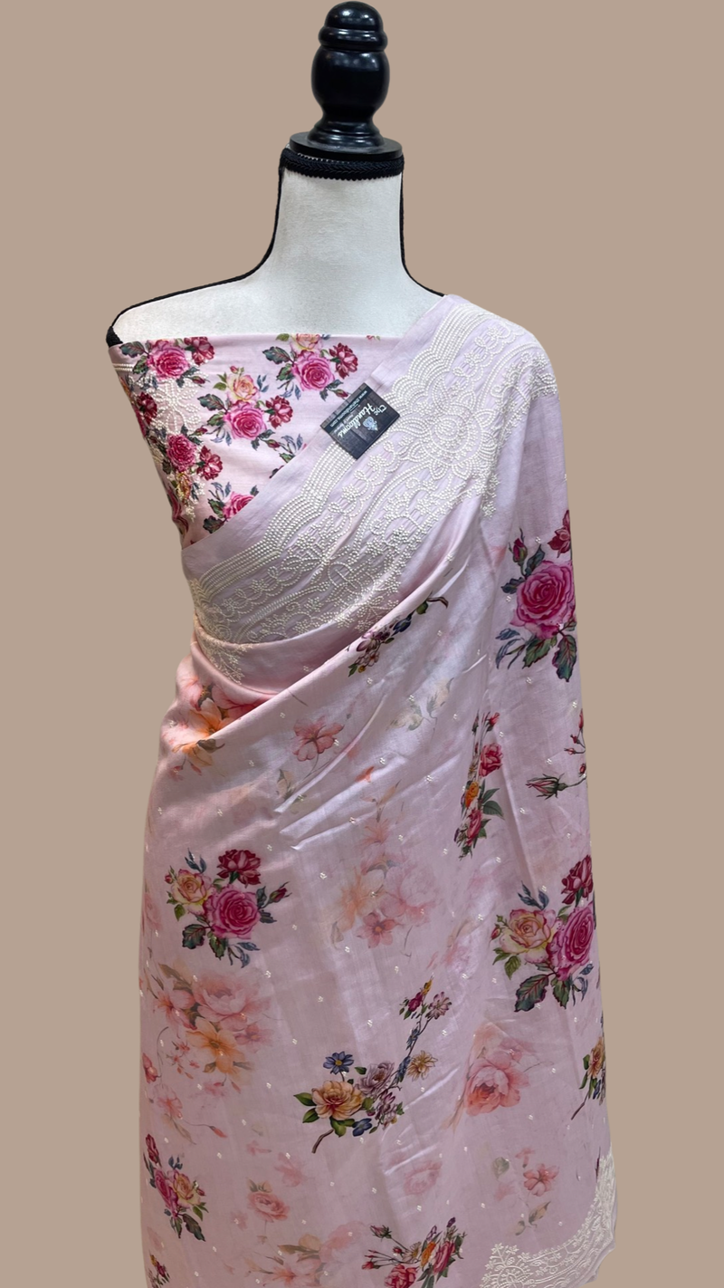 Pure Chiniya Silk Handloom Banarasi Saree Digital Print with Chikankari - The Handlooms