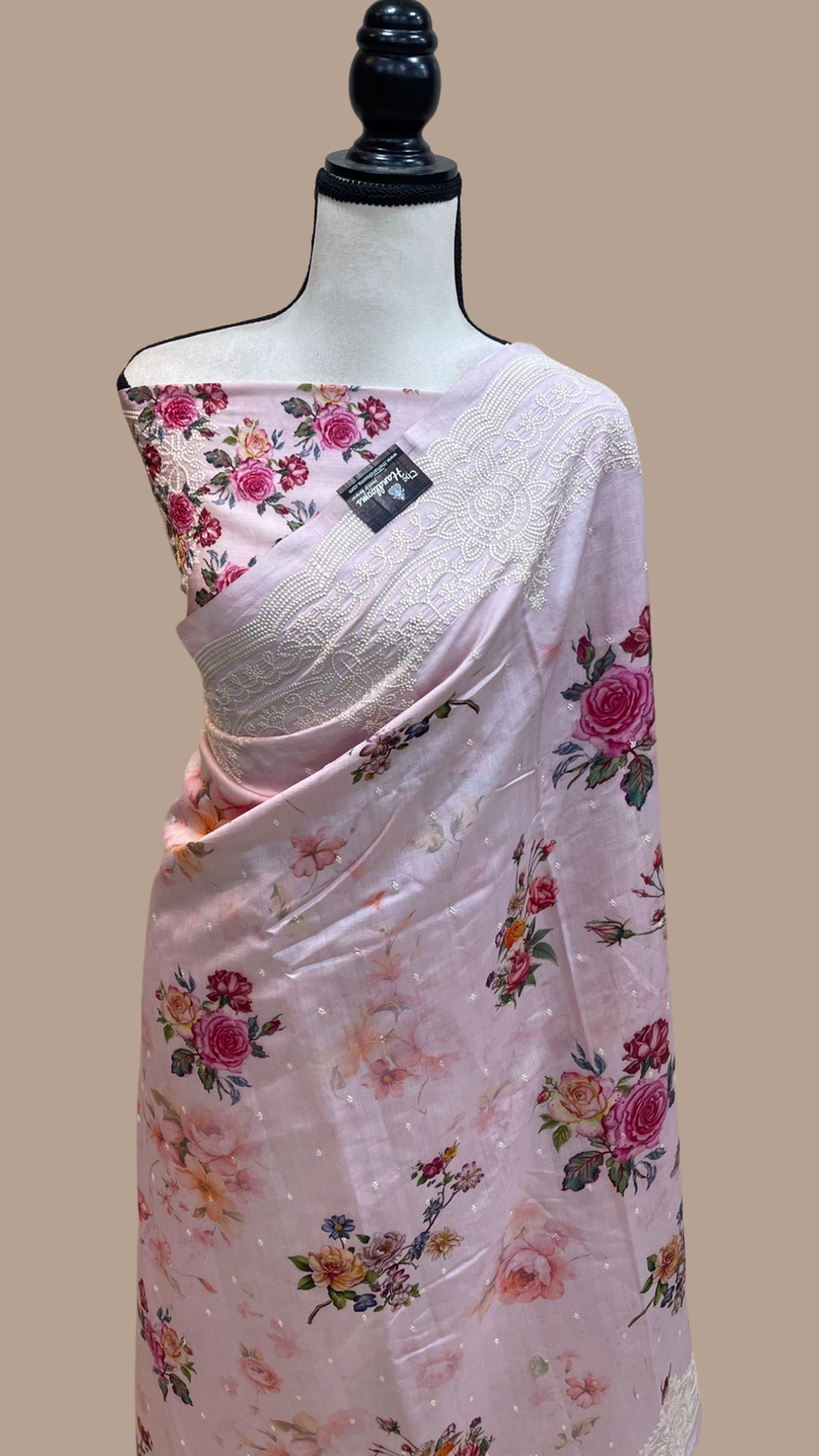 Pure Chiniya Silk Handloom Banarasi Saree Digital Print with Chikankari - The Handlooms