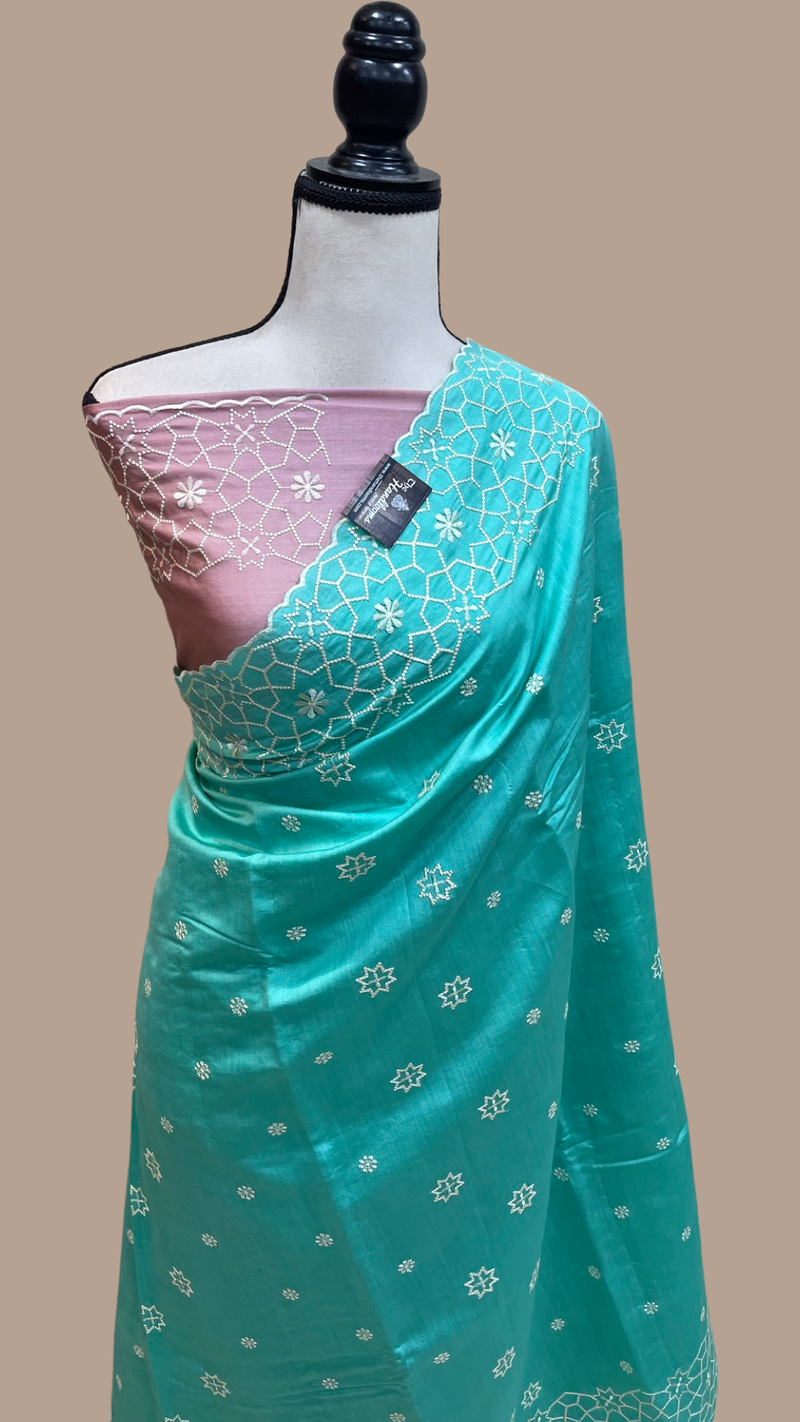 Pure Chiniya Silk Handloom Banarasi Saree with Chikankari - The Handlooms
