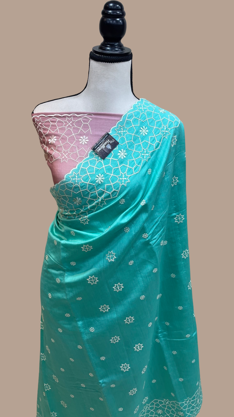Pure Chiniya Silk Handloom Banarasi Saree with Chikankari - The Handlooms