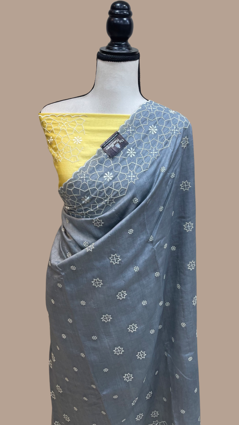 Pure Chiniya Silk Handloom Banarasi Saree with Chikankari - The Handlooms