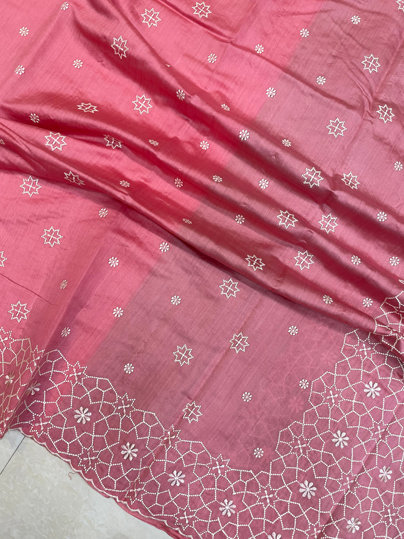 Pure Chiniya Silk Handloom Banarasi Saree with Chikankari - The Handlooms