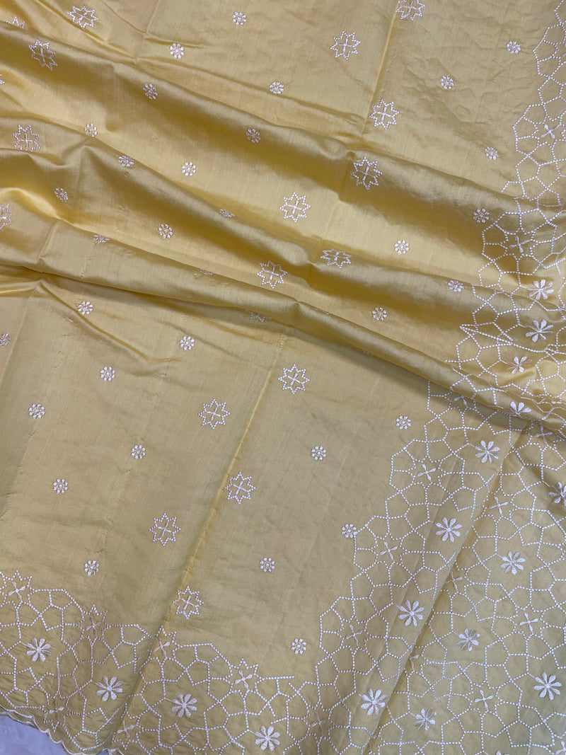 Pure Chiniya Silk Handloom Banarasi Saree Chikankari - The Handlooms