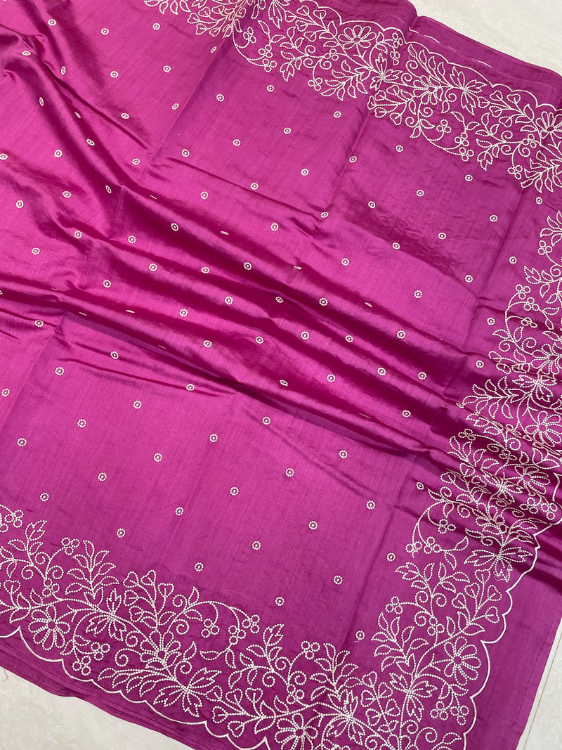 Pure Chiniya Silk Handloom Banarasi Saree Chikankari - The Handlooms