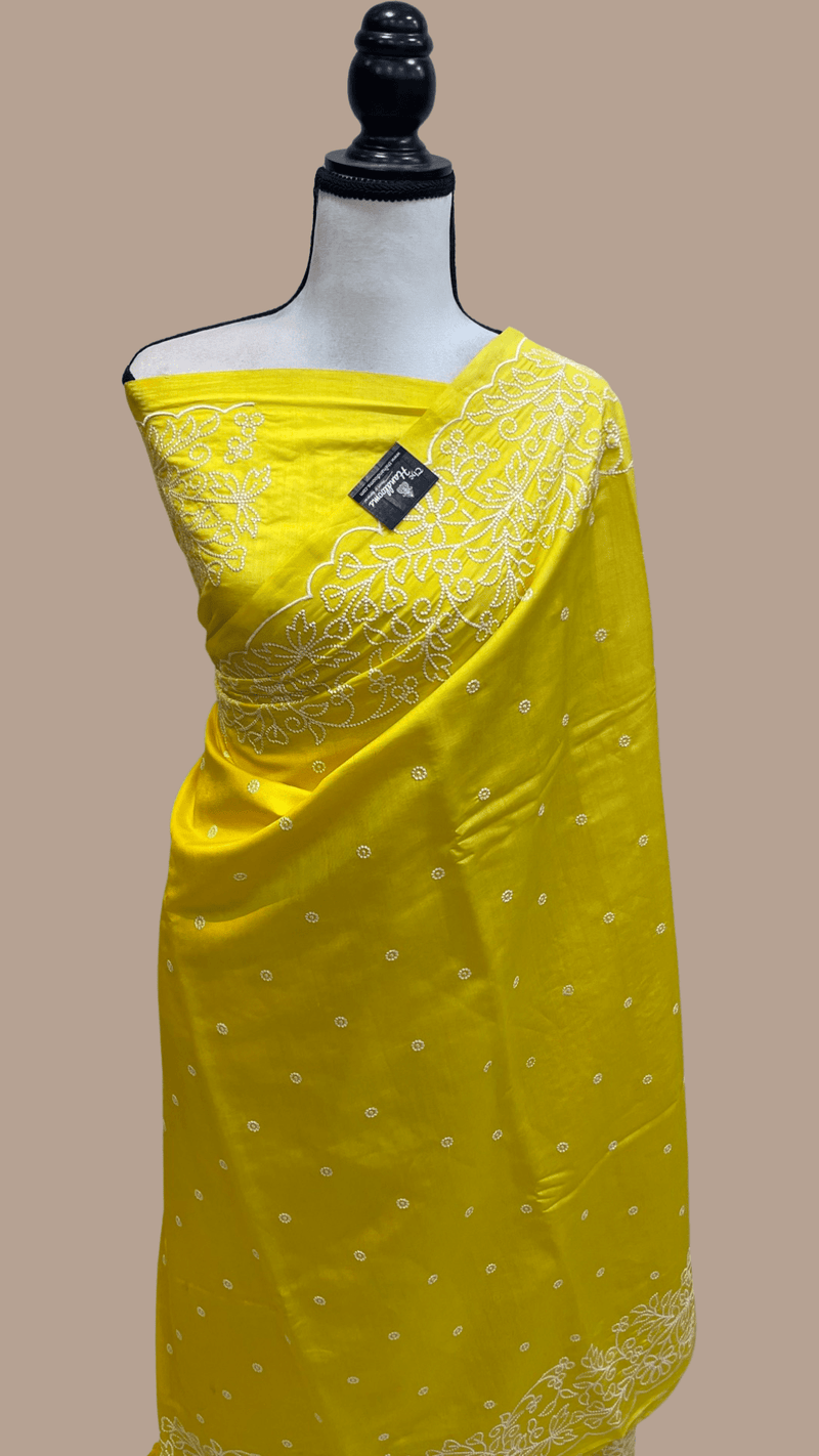 Pure Chiniya Silk Handloom Banarasi Saree Chikankari - The Handlooms