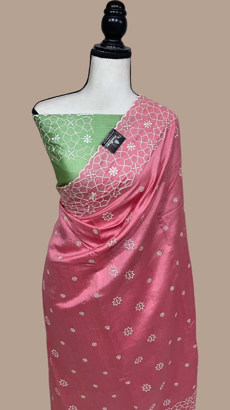 Pure Chiniya Silk Handloom Banarasi Saree with Chikankari - The Handlooms