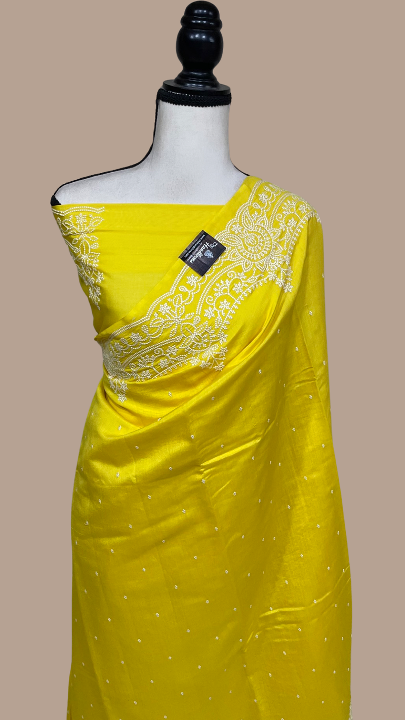 Pure Chiniya Silk Handloom Banarasi Saree Chikankari - The Handlooms