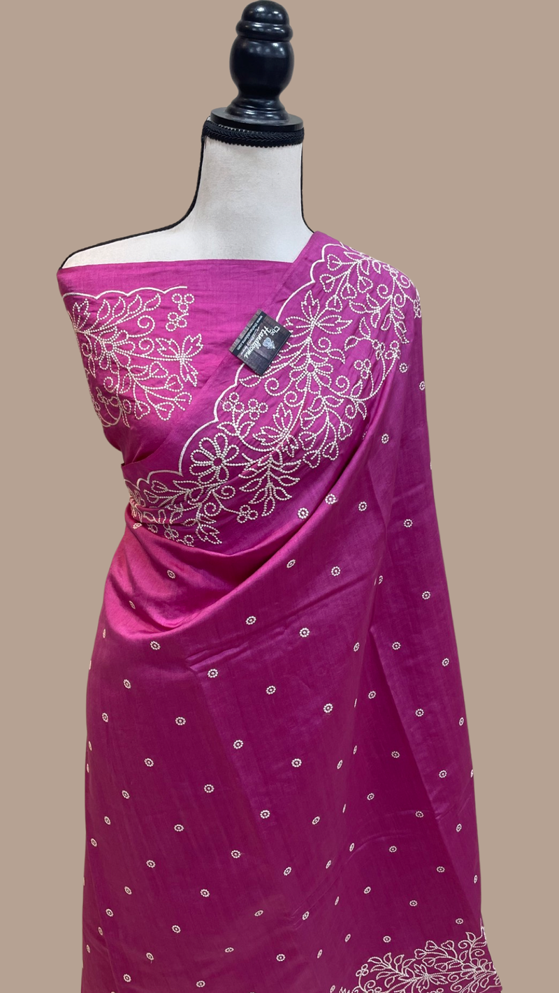 Pure Chiniya Silk Handloom Banarasi Saree Chikankari - The Handlooms