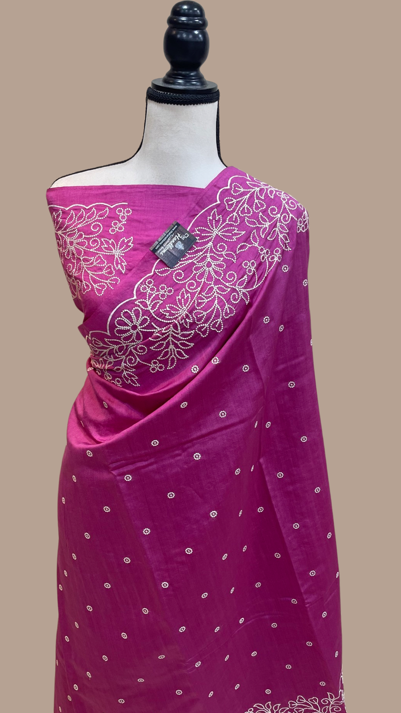 Pure Chiniya Silk Handloom Banarasi Saree Chikankari - The Handlooms
