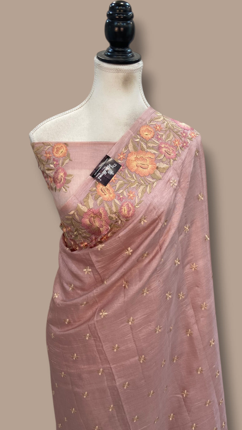 Tussar Silk Handloom Banarasi Saree With Chikankari