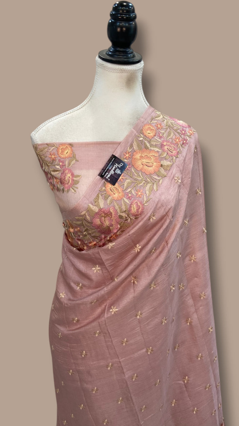 Tussar Silk Handloom Banarasi Saree With Chikankari