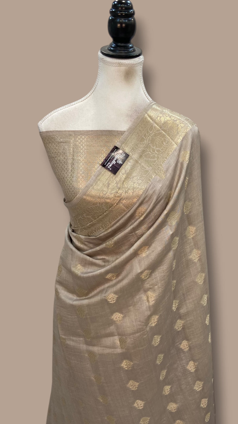 Beige Pure Dupion Silk Banarasi Saree - Gold Zari - The Handlooms